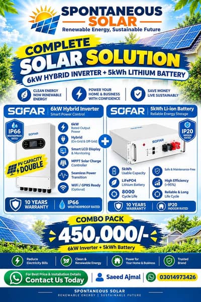 SOFAR 6kW Hybrid Solar Inverter + 5kWh Lithium Battery Combo
