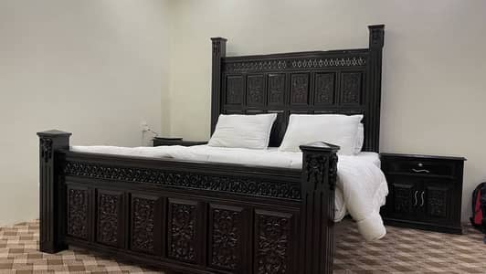 Premium dark wood bedroom set -  Heavy Carved Bed, side tables, vanity