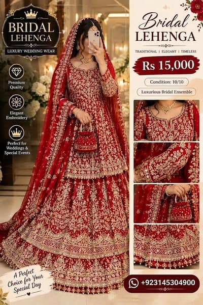 Luxury Red Bridal Lehenga – urgently for sale. 0314-5304900