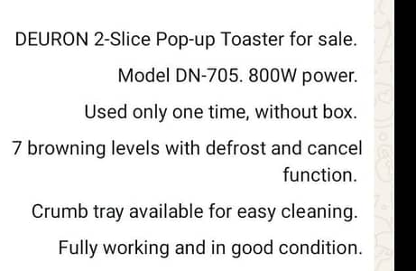 Deuron toster 2 slice without box urgent sell