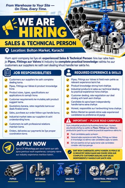 PIPES FITTINGS VALVES TECHNICAL SALES PERSON (ONLY EXPRIENCE & NEAR BY