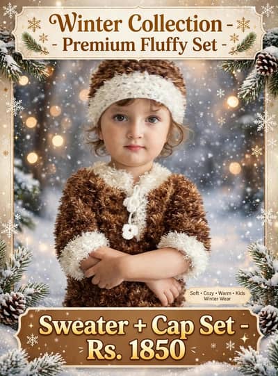 Premium Fluffy Sweater + Cap Set - Brown - Kids Winter - Rs 1600