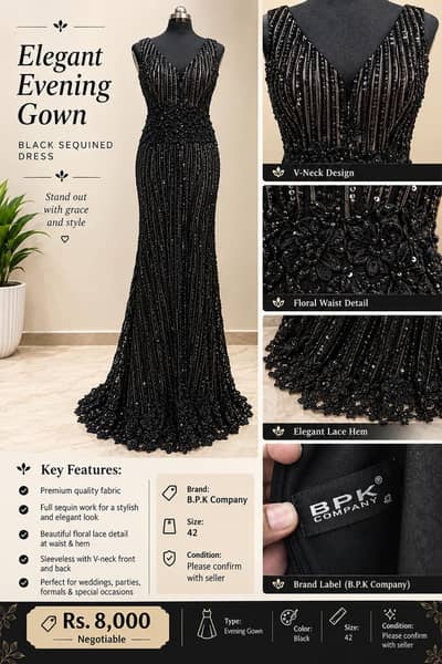 Black Sequin Evening Gown – Size 42