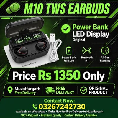 M10 TWS Wireless Earbuds - Power Bank - LED Display - Muzaffargarh