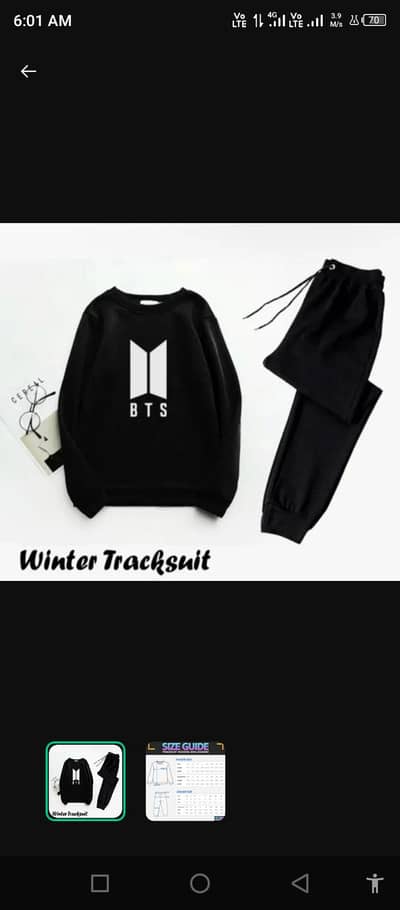 BTS Winter Tracksuit For Girls - Fleece 2 Pcs - Black - S M L