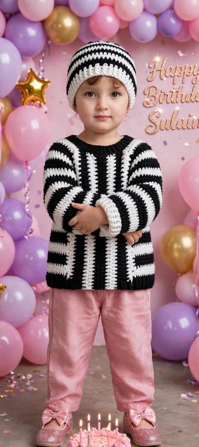 Black White Striped Sweater + Cap - Kids - Handmade - Rs 1200
