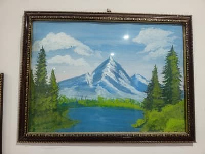 Handmade mountain and lake landscape Painting framed wall art.