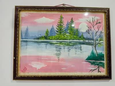 Handmade pink moonlit lake painting with frame. original wall art