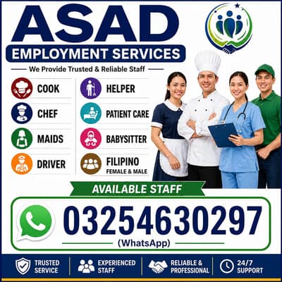 Cook/Chef/helper/Cooking/Pakistani/Chines/Italian/fast/staff/Maid/Home