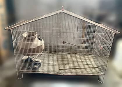 Bird Cage with Gabled Roof, Clay Pot Feeder and Perches
