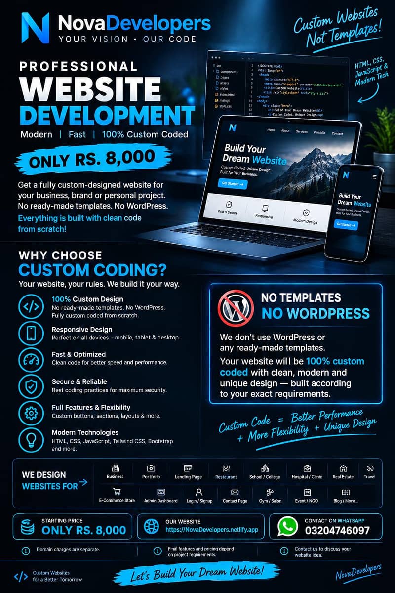 Professional Website Development | 100% Custom Coding | Rs. 8,000 0