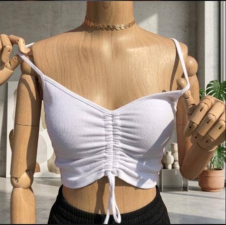 Women Ribbed Drawstring Cami Crop Top - White Ruched Spaghetti Strap Tank Top  R5978