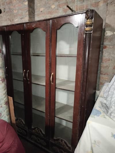 4 Door Wooden Glass Showcase / Almari Multiple Shelves-Brown