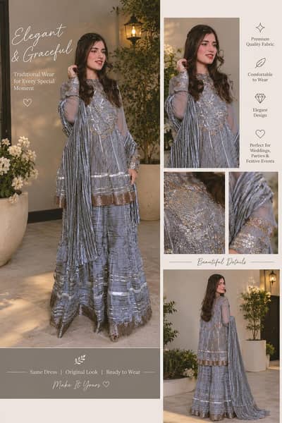 Elegant Silver Grey Embroidered 2-Tone Gharara Dress with Dupatta