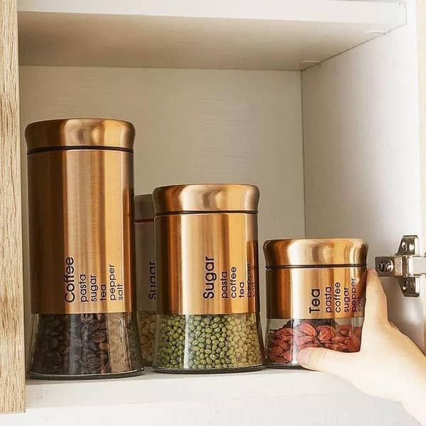 T  Glass Canister With Metal Coating Copper 3Pcs Set Different Sizes