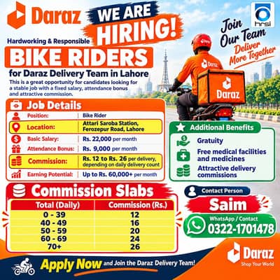 Delivery Rider Job in Lahore | Daraz Rider | Rider