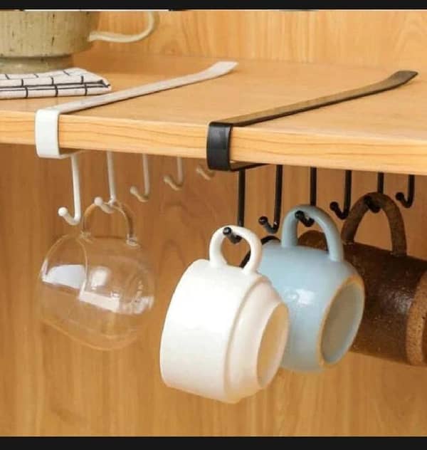 T  Multi Functional Hanging 6 Hooks Under Shelf Cup Holder