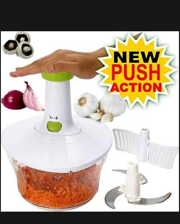 T  Effortless Hand-Pat Push Chopper with 3 Stainless Steel Blades for Quick and Efficient Vegetable Chopping