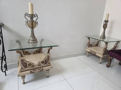 luxury carved center and side tables with thick glass top