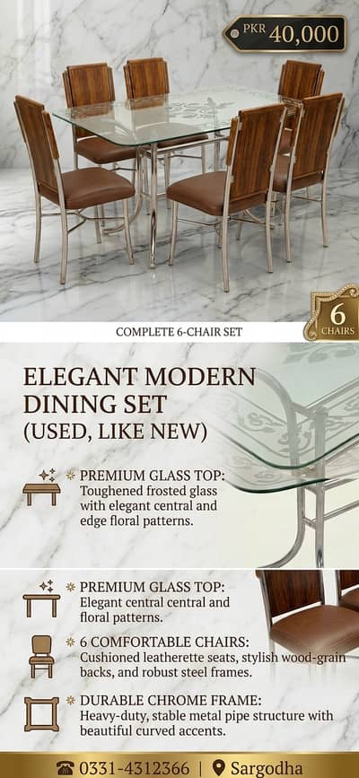6-Chair Glass Top Dining Table Set – Excellent Condition