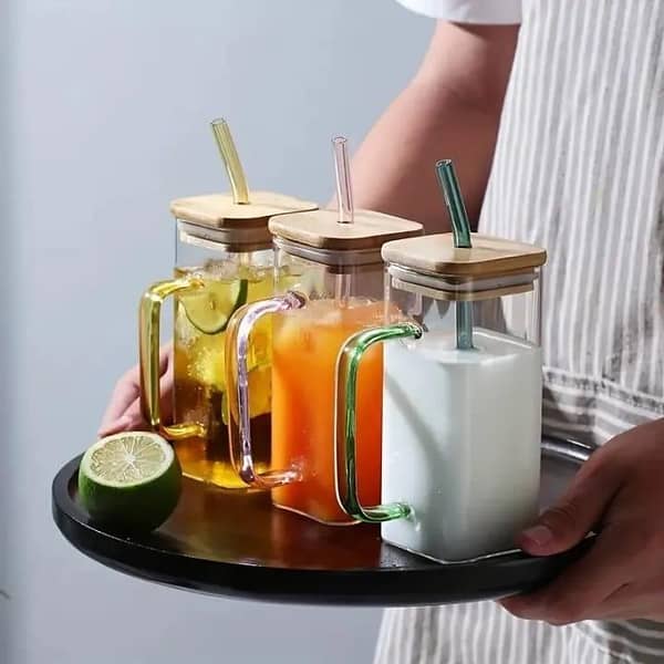 T  Square Glass Mug 400ml with Lid and Straw - Breakfast Milk Cup - Microwave Safe  Coffee Mug - Drinking Glass with  Bamboo Lid - Ice and Shake Glass - Large Size Drinkware - Airtight Juice Jar for Juices and Beverages - Creative Modern