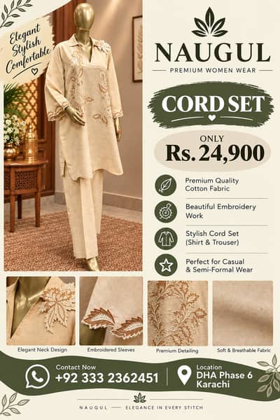 NAUGUL Women Cord Set | Embroidered Shirt Trouser | Premium Cotton