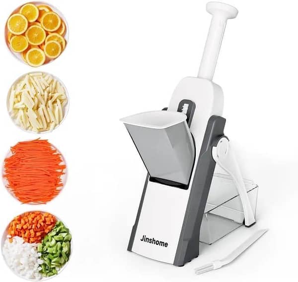 T  Safe Mandoline Vegetable Slicer and Chopper, 5-in-1 Multifunctional Spring Slicer Pump with Adjustable Blades, Kitchen Food and Fruit Cutter with Container, Brave Spring Hand Push Vegetable Cutter and Grater