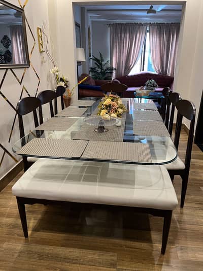 7 seater dining table with a bench