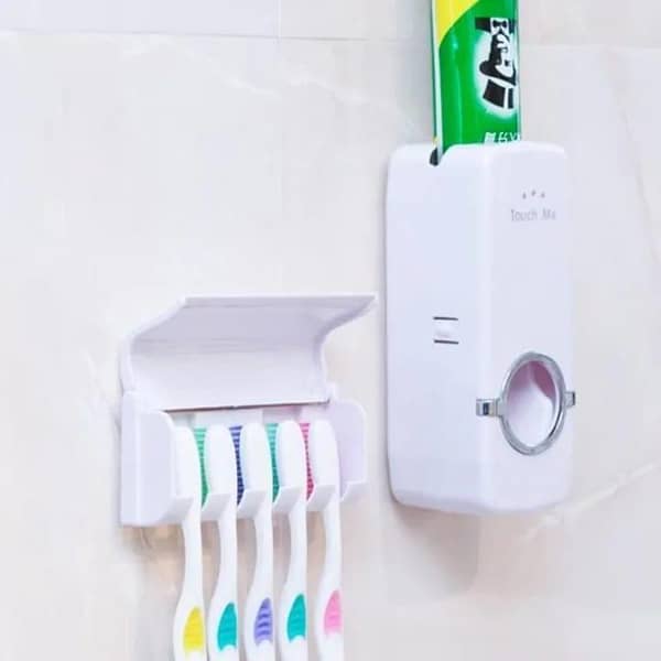 T  White Automatic Toothpaste Dispenser set with Wall Mounted Toothbrush Holder and Toothpaste Squeezer
