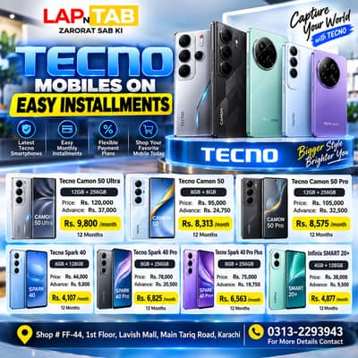 Tecno Mobiles on Easy Installments | Spark Go 3 Camon 50, Spark 40 Pro