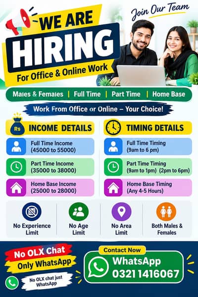 we are Hiring Stuff Male and Female For Online Work, For Office Work