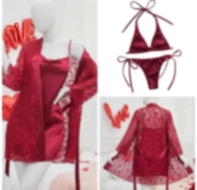 Maroon Lace Silk Sleepwear Set V-Neck 4Pcs