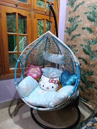 Nested swing Hanging Egg Chair Jhoola with Blue Pillows