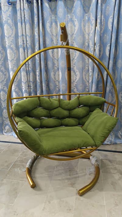 Luxury Golden Hanging Swing Chair with Green Cushions