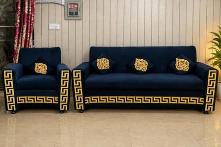 Premium Navy Blue Sofa Set with Golden Embroidery