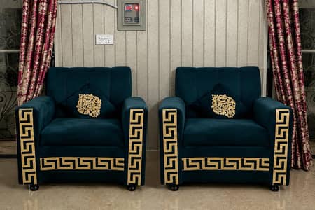 Premium Navy Blue Sofa Set with Golden Embroidery
