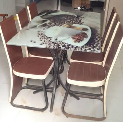 8 Seater Printed Glass Dining Table with 6 Chairs