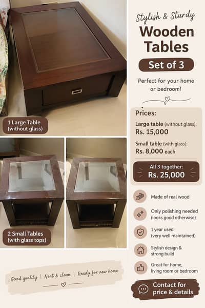 Stylish Wooden Tables for sale-Set of 3