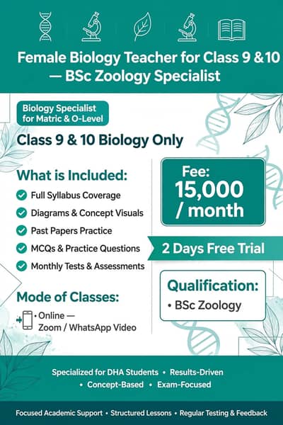 Female Biology Teacher for Class 9 & 10 - BSc Zoology Specialist