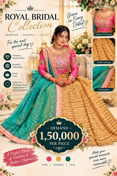 Luxury Pink & Golden Bridal Lehenga with Teal Dupatta | Royal Wedding