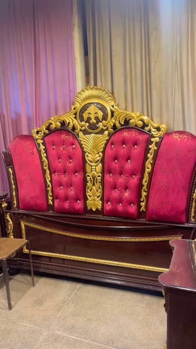 Royal Maroon & Gold Luxury Double Bed Set / Heavy Bedroom Set