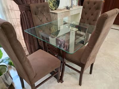 4 person wooden + glass dining table with 4 wooden chairs ,