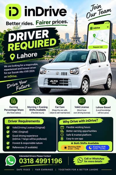 Driver Required for inDrive – Suzuki Alto 2026 – Lahore