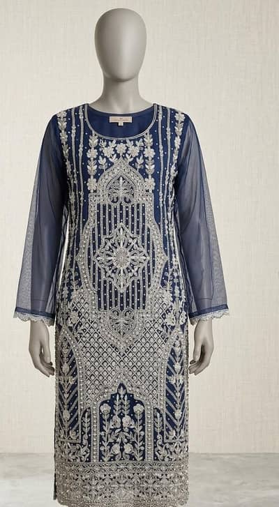 3 piece Elegant Dark blue & Silver Embroidered dress