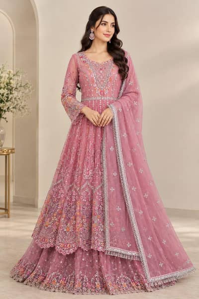 Pink Embroidered Party Wear Maxi Suit 3 piece– Large Size