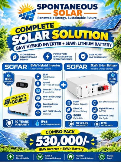 SOFAR 8kW Hybrid Inverter + 5kWh Lithium Battery Combo
