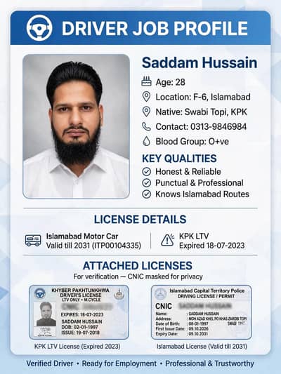 House Family Driver Available - F6 Islamabad - Valid License