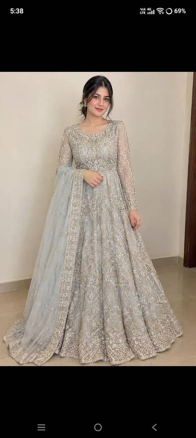 Silver grey embroided maxi with dupatta- walima and party wear
