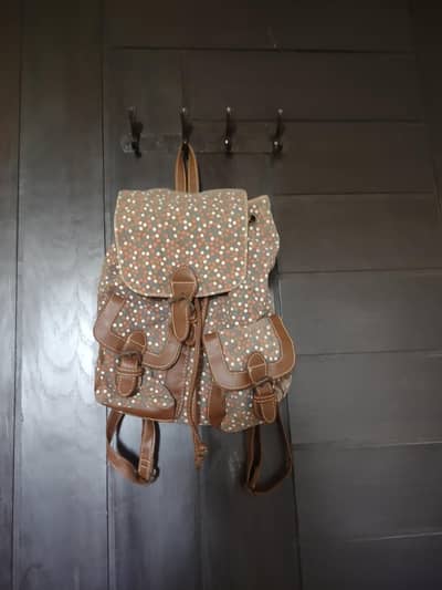 Polka Dot Canvas Backpack with Brown Faux-Leather Trim