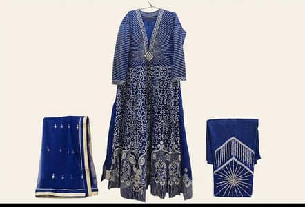 royal blue 3 piece Anarkali embroidered front and back work